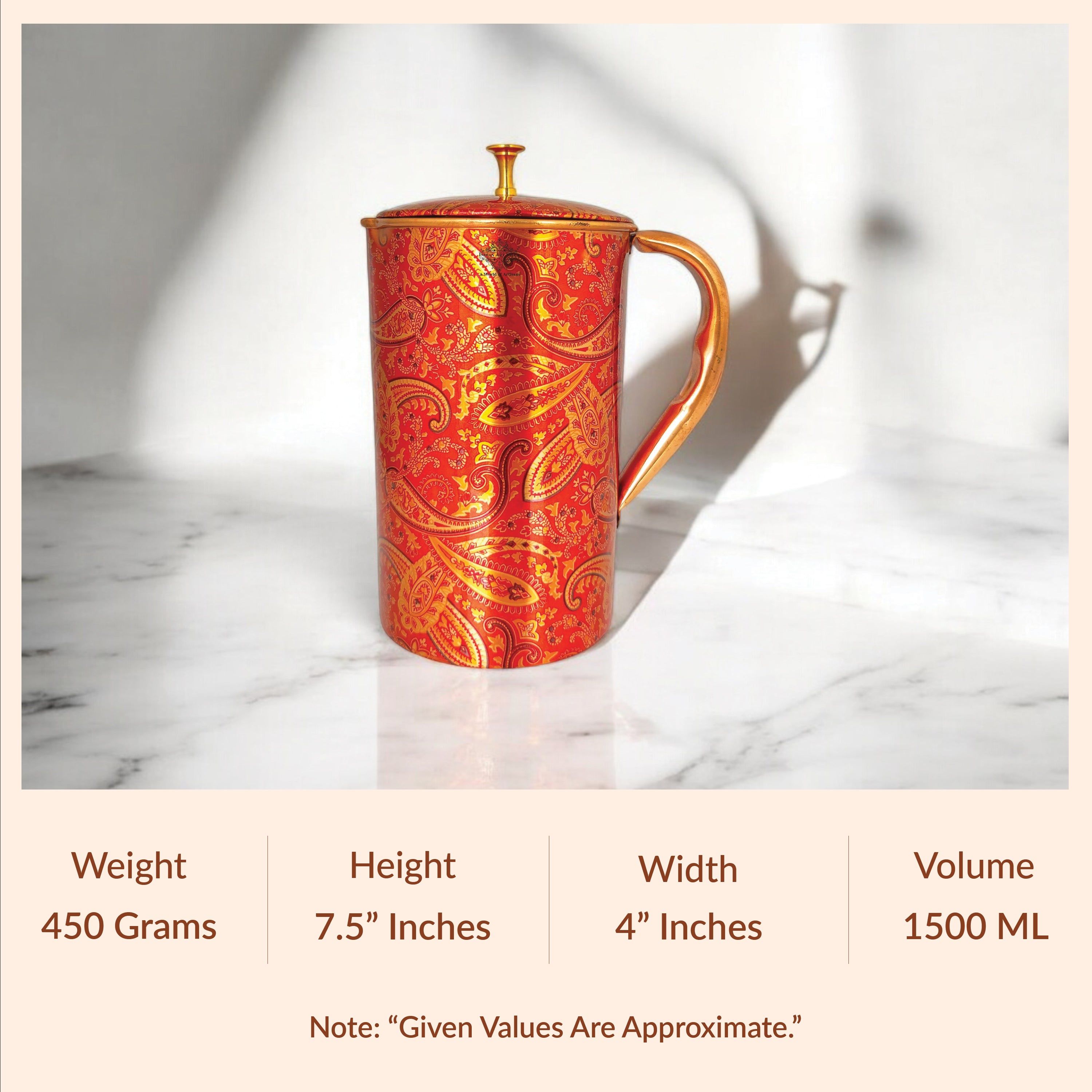 Pure copper paisley printed design jug with brass knob on lid medallion, 1500 ML